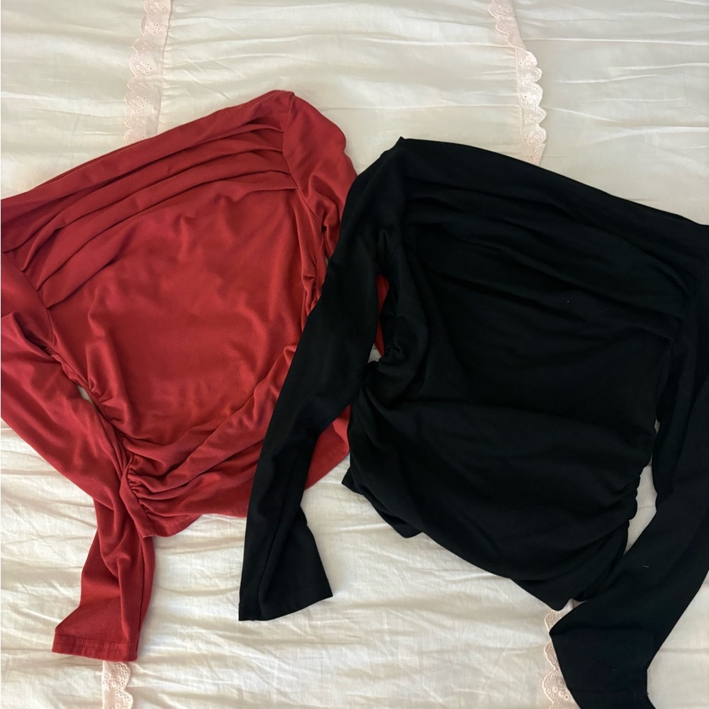 Women's Draped Off the Shoulder Tops - Red and Black